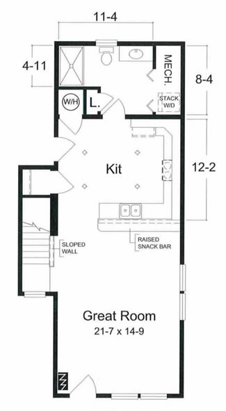 The Surf City Coastal designed two story 20 foot wide floor plan includes a huge great room and kitchen combination for wide open living space, perfect for a narrow lot location.